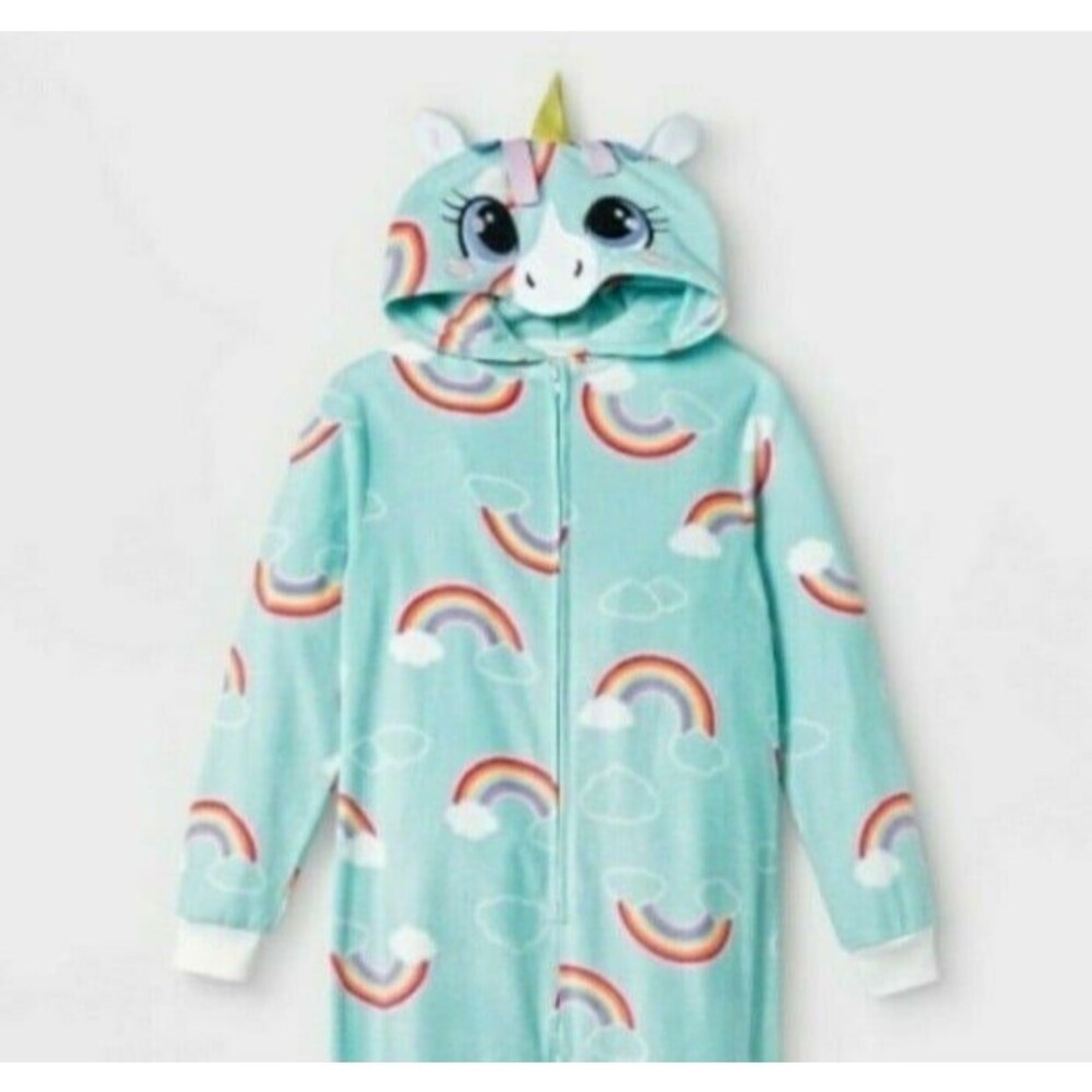 NWT Cat&Jack Rainbow Unicorn Hooded One Piece PJs sz 10/12 Large Youth